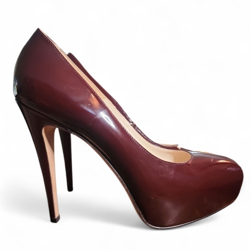 Brian Atwood MANIAC Patent Leather Glass Platform Heels Pumps Shoe Deep Burgundy